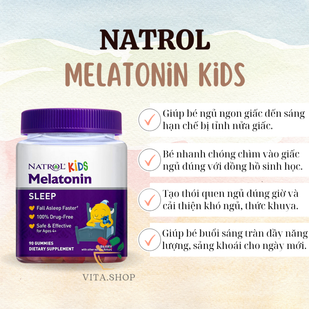 Natrol Melatonin Kids Kẹo dẻo ngủ ngon, hỗ trợ giấc ngủ cho bé 90 viên