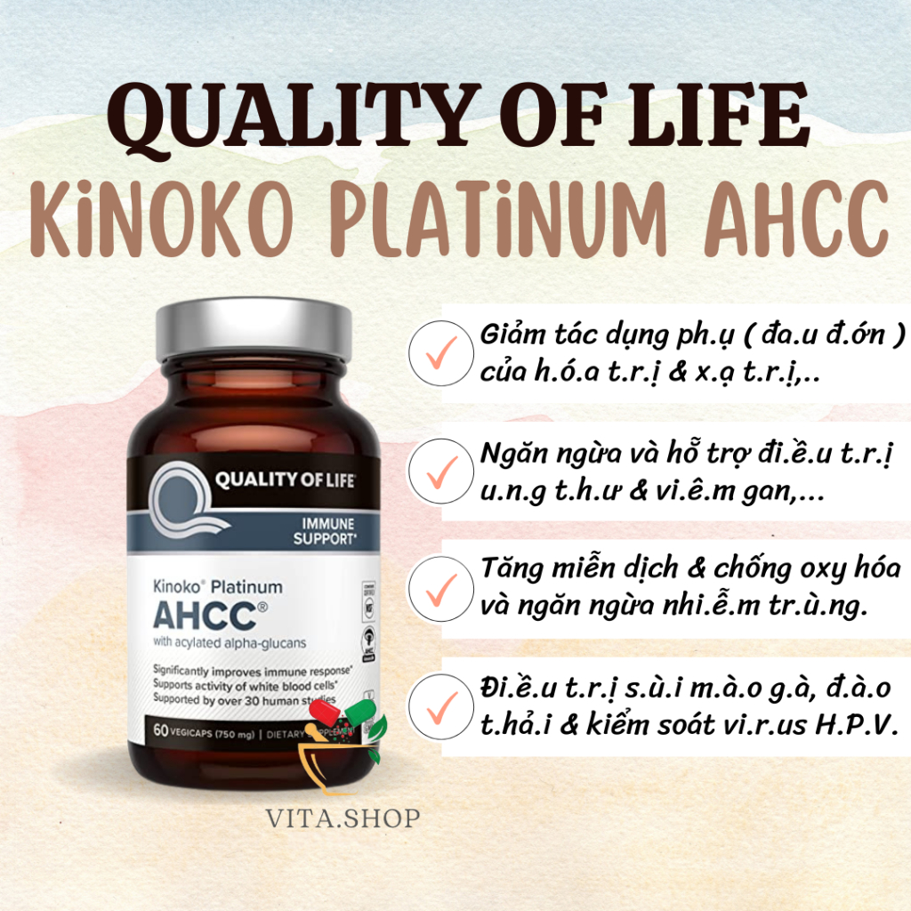 AHCC KINOKO PLATINUM 750mg - Viên Uống Tăng Cường Hệ Miễn Dịch, diệt HPV 60 viên