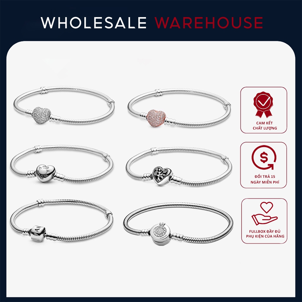 Vòng Tay nữ bạc S925 Moments Sparkling Heart Clasp Snake Chain Bracelet Pan Full box - Bạc S925