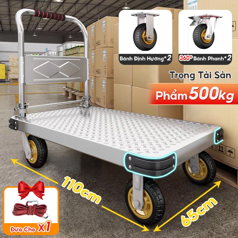 Xe Đẩy Hàng gấp gọn Có bố phanh 900kg Tấm thép dày 4 bánh xe 2 xoay+2 tĩnh