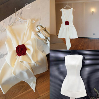 [Sẵn - Hoả Tốc] Đầm suông cọc tay hở lưng V kết hoa hồng đỏ ngắn xoè nữ tính sang chảnh dịu dàng cho nàng hẹn hò