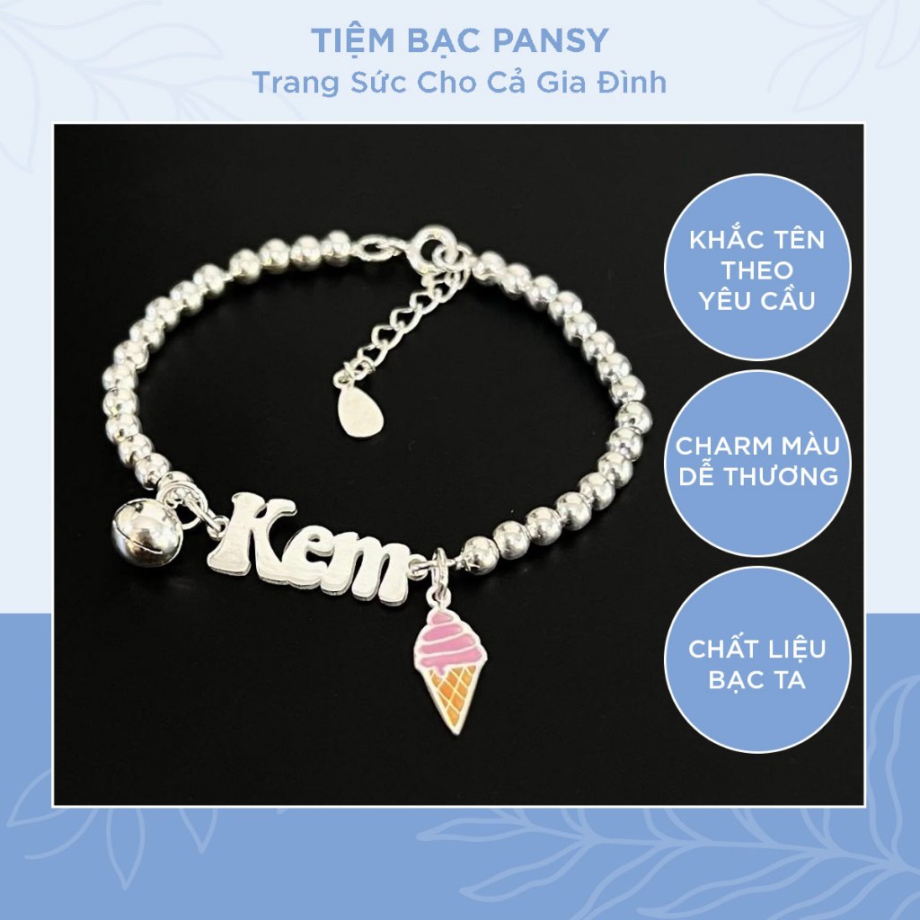 Lắc bạc trẻ em PANSY hoạ tiết charm sơn màu dễ thương - Vòng tay, chân bạc ta cho bé khắc tên theo yêu cầu