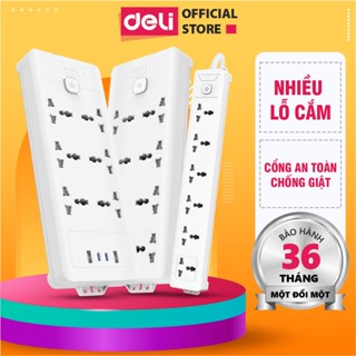 Ổ Cắm Điện DELI Nhiều Lỗ Cắm (4-8 Lỗ) Chiều Dài Dây 2m/3m/5m Nút Bảo Vệ Quá Áp Công Suất 2500W