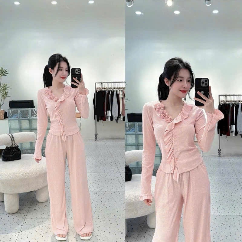 Set bộ thiết kế 3 màu tôn da, tôn dáng cực xinh cho nàng dạo phố, set áo viền bèo đính hoa tay dài phối quần ống suông