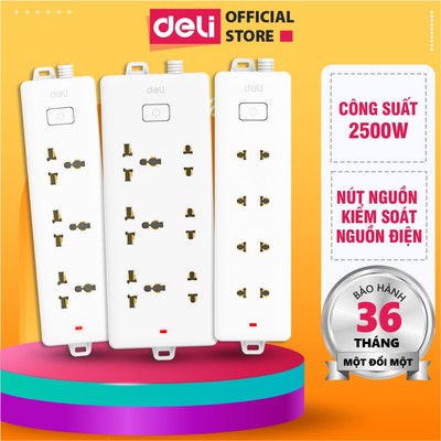 Ổ Điện Đa Năng Deli Loại 2 Chân Cắm có 3-6 Ổ Cắm, Nút Nguồn Kiếm Soát Nguồn Điện, Công Suất 2500W, Dây Dài 3/5m