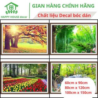 Tranh dán tường phong cảnh 3d Happy House decor, decal dán tường phong cảnh trang trí phòng khách.