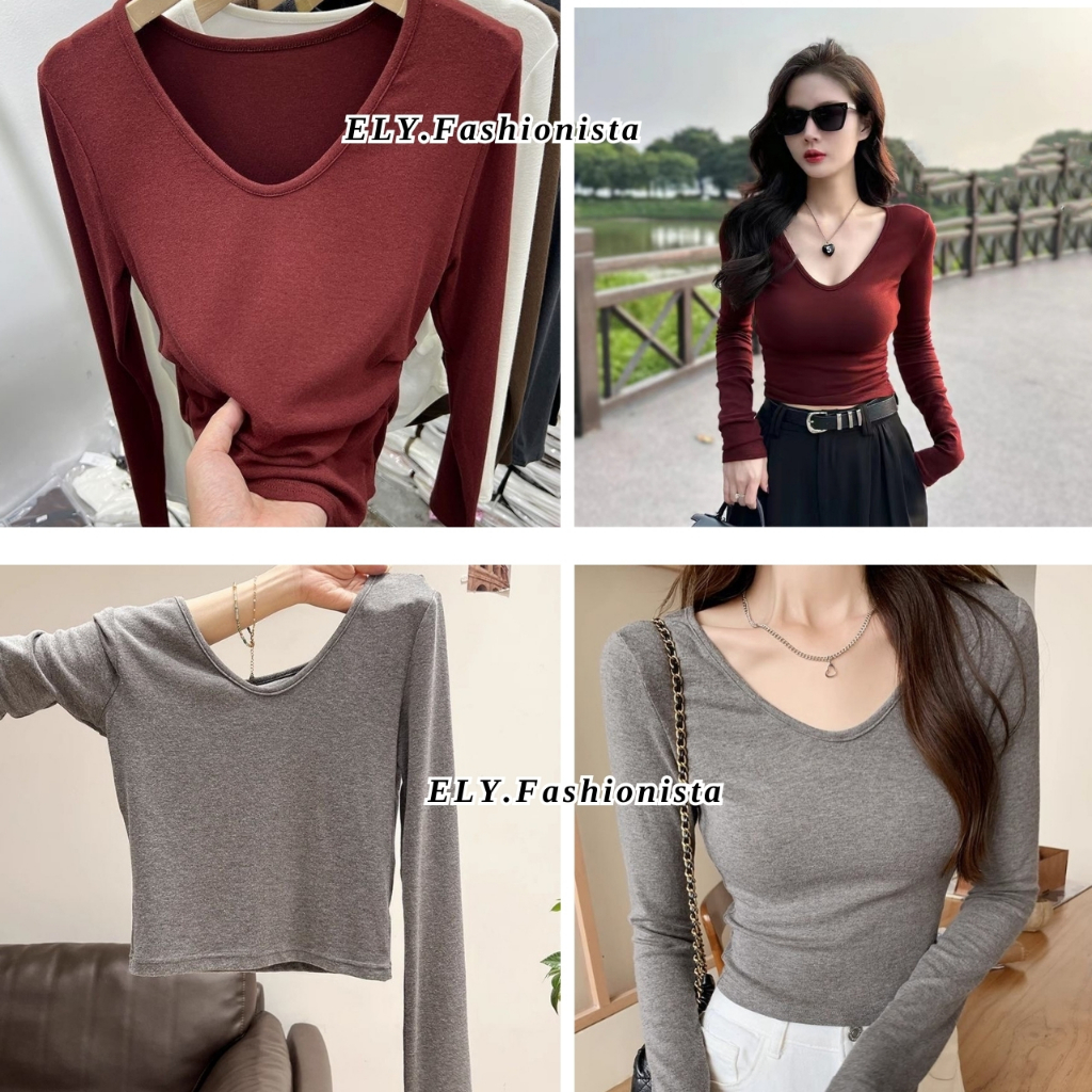 Áo croptop nữ tay dài cổ tim ELY chất cotton dẻo cao cấp áo thun nữ kiểu sexy ôm body đẹp ELY290 | BigBuy360 - bigbuy360.vn