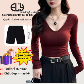 Áo croptop nữ tay dài cổ tim ELY chất cotton dẻo cao cấp áo thun nữ kiểu sexy ôm body đẹp ELY290