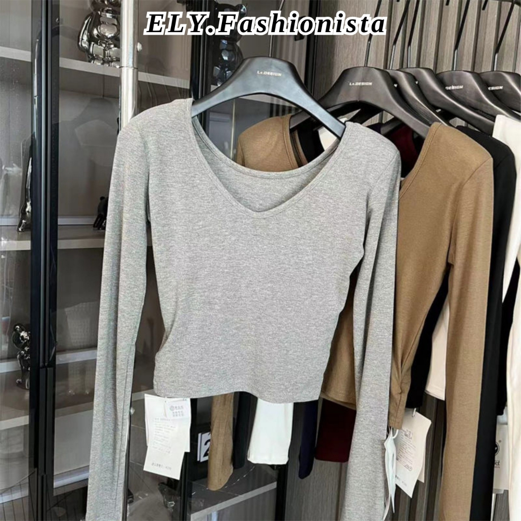Áo croptop nữ tay dài cổ tim ELY chất cotton dẻo cao cấp áo thun nữ kiểu sexy ôm body đẹp ELY290 | BigBuy360 - bigbuy360.vn