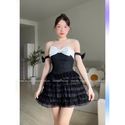 Tweedie Dress Wonderhouse Đầm trễ vai cup ngực dáng xòe tiểu thư chất vải dày sang trọng dự tiệc, dạo phố