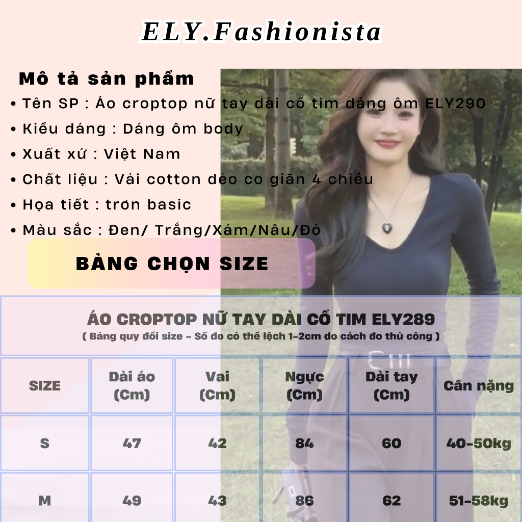 Áo croptop nữ tay dài cổ tim ELY chất cotton dẻo cao cấp áo thun nữ kiểu sexy ôm body đẹp ELY290 | BigBuy360 - bigbuy360.vn
