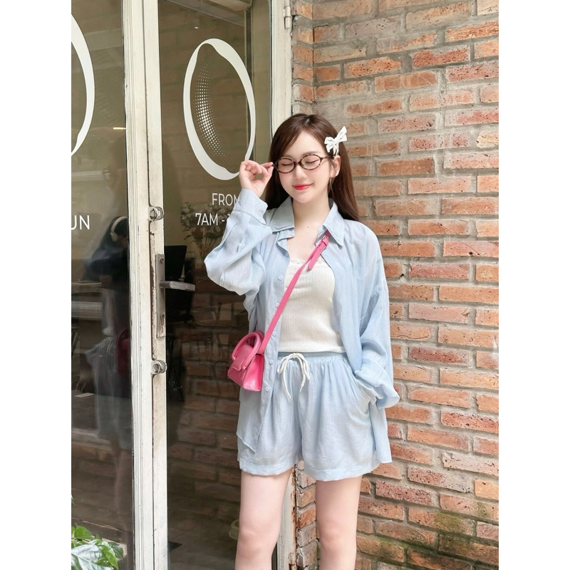 SET SƠ MI KẺ SỌC OVERSIZE + SHORT 2 MÀU
