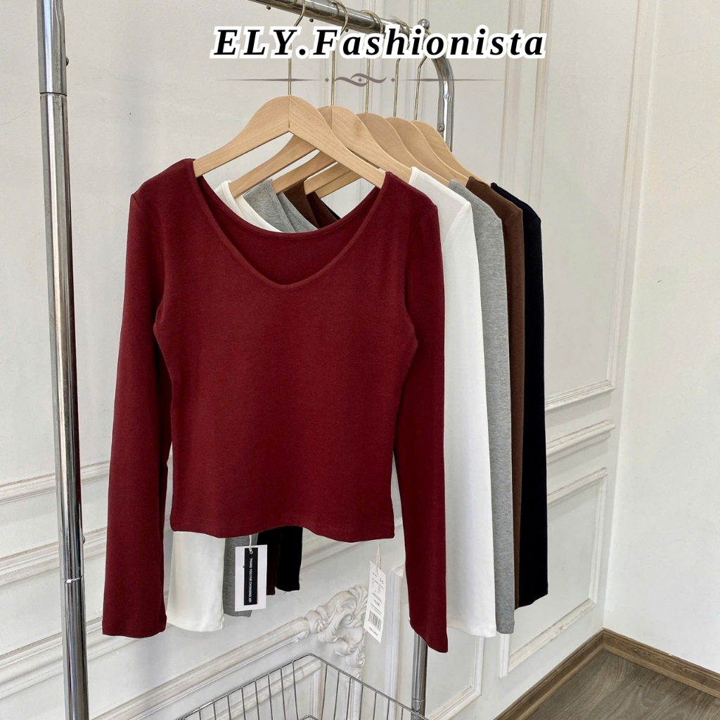 Áo thun nữ tay dài croptop cổ tim ELY chất cotton dẻo cao cấp áo croptop nữ kiểu ôm body đẹp ELY290 | BigBuy360 - bigbuy360.vn
