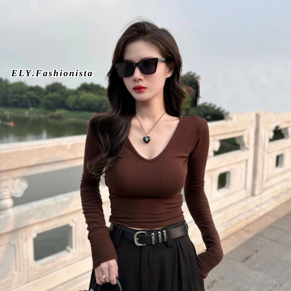 Áo croptop cổ tim nữ ELY chất cotton dẻo cao cấp áo thun nữ kiểu sexy ôm body đẹp ELY290.3 | BigBuy360 - bigbuy360.vn