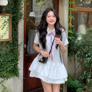 Váy sơ mi nữ ngắn tay thiết kế SALLY với hai tầng váy xòe bồng cùng lớp ren hoa nhí ERA DRESS