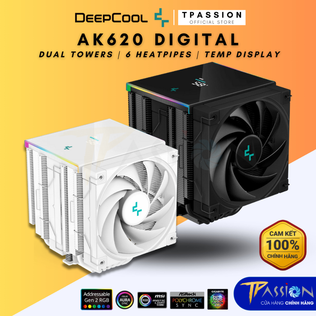 Tản nhiệt khí CPU DEEPCOOL AK620 DIGITAL / AK620 - Hiển thị nhiệt độ -Chính hãng, 2 tháp, 6 ống đồng