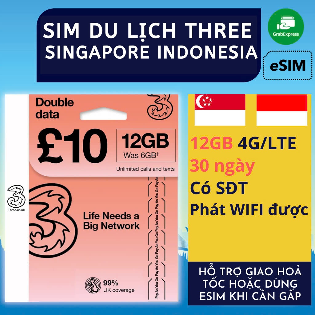 Sim Du Lịch 4G 5G Singapore Indonesia 10GB / 12GB / 18GB / 30GB dùng 30 Ngày Dùng Mạng Three UK