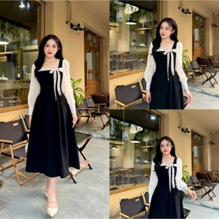 Váy Thiết Kế Evii M62 dành cho nữ Đầm thiết kế cổ vuông dây nơ chữ may liền trước ngực phối tơ dài tay dáng A xòe dài
