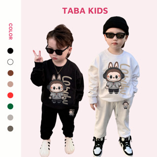 Bộ nỉ cổ tròn thu đông LABUBU đeo tai nghe cực ngầu cho bé, Set áo sweater kèm quần joger trẻ em, TABA KIDS