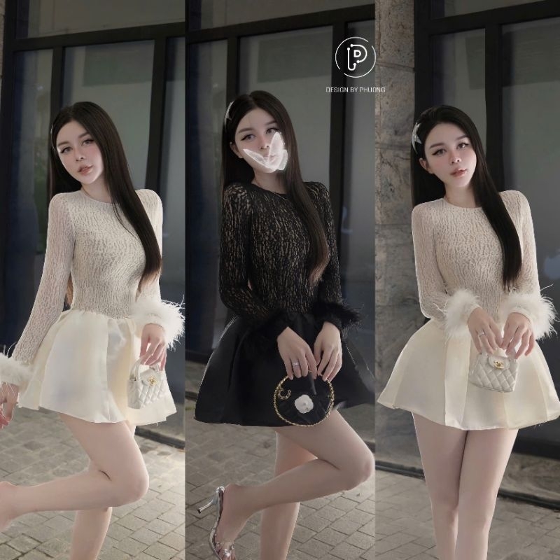 Đầm ren ôm váy xoè tay dài đính lông cổ tay, đơn giản mà sang sảnh_Rosey.Closet