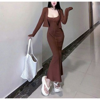 Đầm body đuôi cá dáng dài 2s có mút mix áo khoác croptop thun tăm tay dài 2 màu đen+nâu tôn dáng cực xinh GL8508