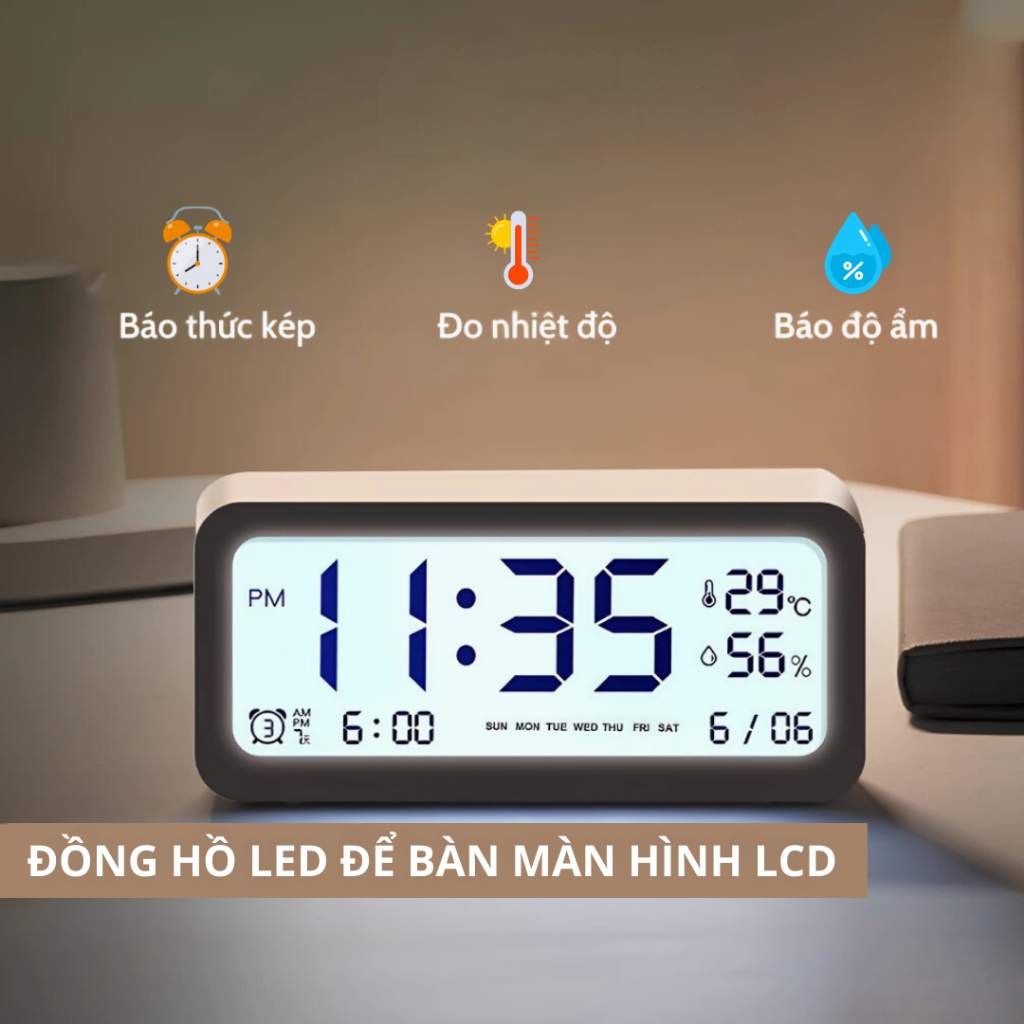 Đồng hồ led để bàn báo thức màn hình LCD cao cấp đo nhiệt độ và độ ẩm DHTT & PKDT