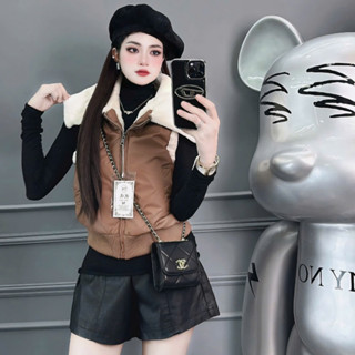 | XẢ LỖ | Áo phao gile nữ lót lông Quảng Châu Vải da simili Áo gile nữ mùa đông phong cách Hàn Quốc