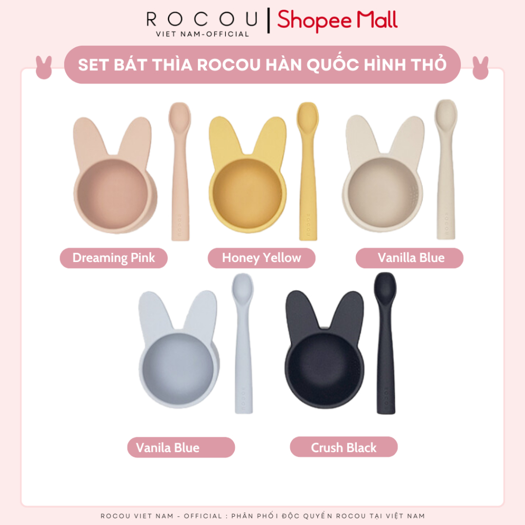 Set bát thìa ăn dặm silicone cao cấp ROCOU Hàn Quốc hình thỏ cho bé