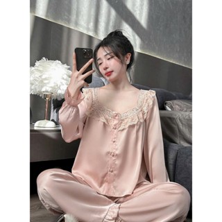 Set lụa mặc nhà phối ren cổ vuông áo dài tay, quần dài [ Mã #54]