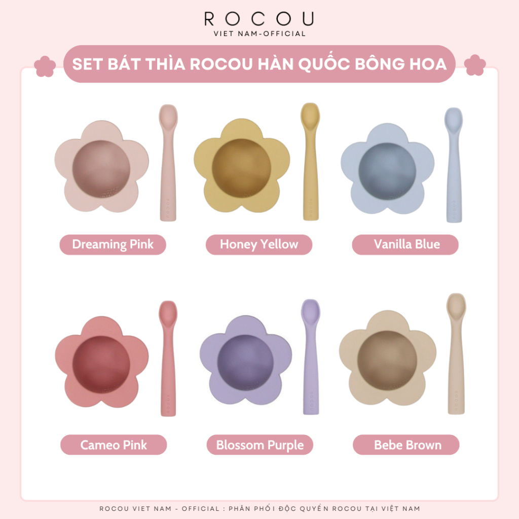 Set bát thìa ăn dặm silicone cao cấp ROCOU Hàn Quốc hình bông hoa cho bé