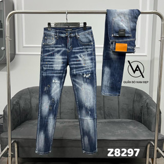 Quần JEAN BIKER Dáng Slimfit Dsq2 xanh rách xước vảy sơn phối túi sau nổi chữ ICON đơn giản đẹp