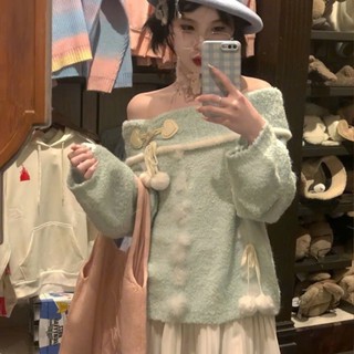   Sẵn + Hoả tốc  Naii.order | Áo len tiểu thư trễ vai quả bông mềm mại áo len dài tay 2 màu trắng xanh cốm N111 