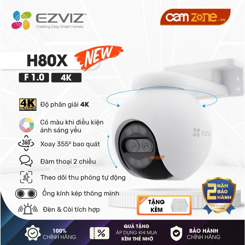 [MÃ MỚI] Camera Wifi Ngoài Trời EZVIZ H80X 4K 8MP DUAL Xoay 360, Đàm Thoại 2 Chiều, Màu Ban Đêm, Khẩ