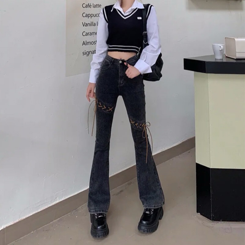 Quần Jean ống loe Hello Koma cạp cao có dây buộc, tôn dáng và co giãn tốt | ORDER TAOBAO