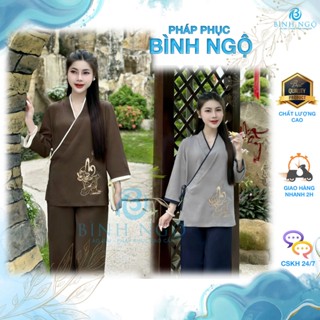 Bộ pháp phục vạt chéo thêu hoa Sen thêu chữ An tinh tế,ý nghĩa, chất vải đũi Thái mềm mại, tôn dáng - Pháp phục Bình Ngộ