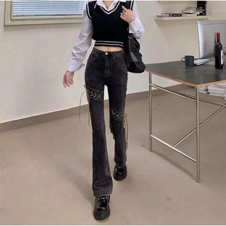 Quần Jean ống loe Hello Koma cạp cao có dây buộc, tôn dáng và co giãn tốt | ORDER TAOBAO