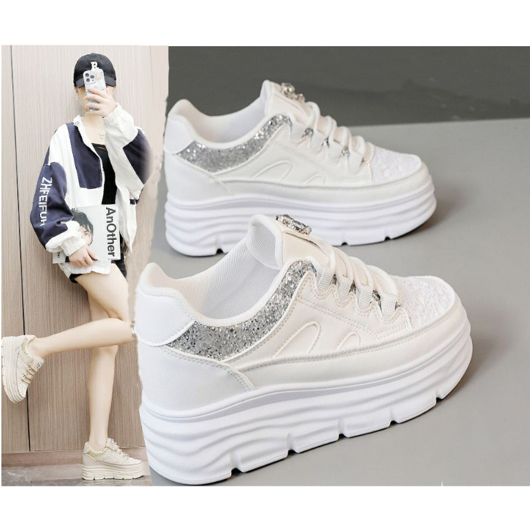 Giày Nữ đế cao 7cm đính đá kim tuyến cao cấp, Giày nữ trắng nâng chiều cao kín đế Eva siêu nhẹ