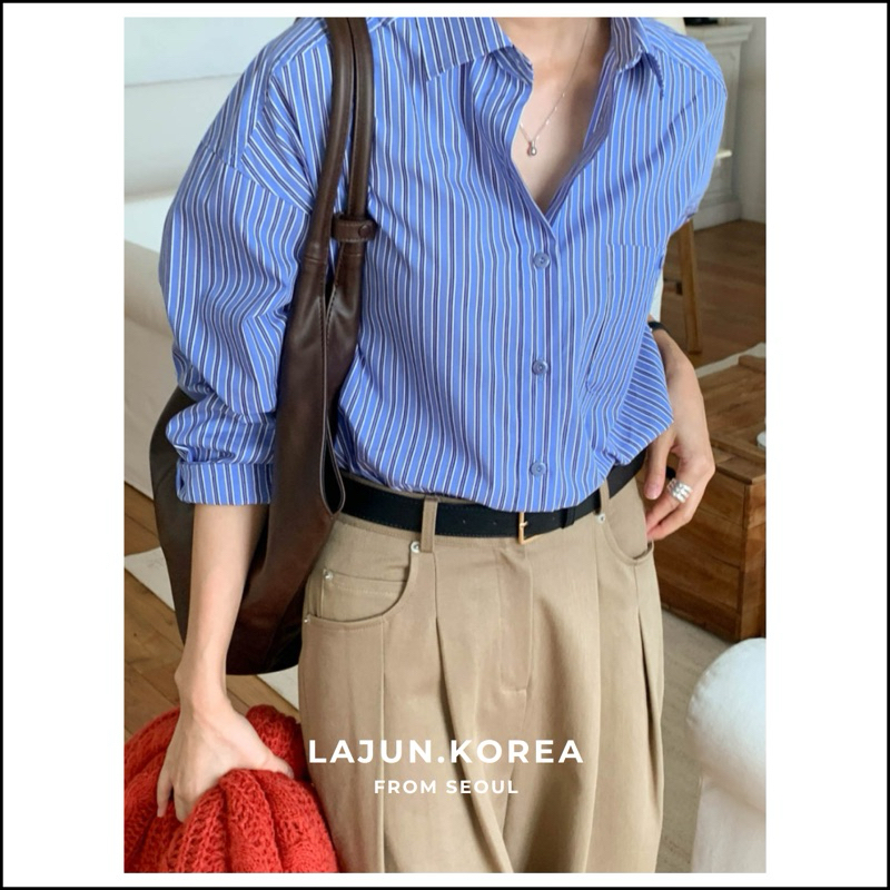 [LAJUN KOREA] Áo Sơ Mi Tay Dài Sọc Take Túi Trước Chất Cotton Hàn Nhẹ Mềm Hàn Quốc