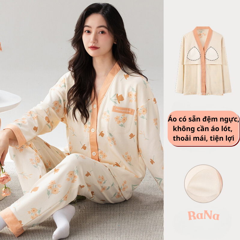  Quần áo mặc nhà mặc ngủ Dài Tay Có Miếng Đệm Lót Ngực Chất vải dày vừa Giữ ấm thoải mái RaNa 