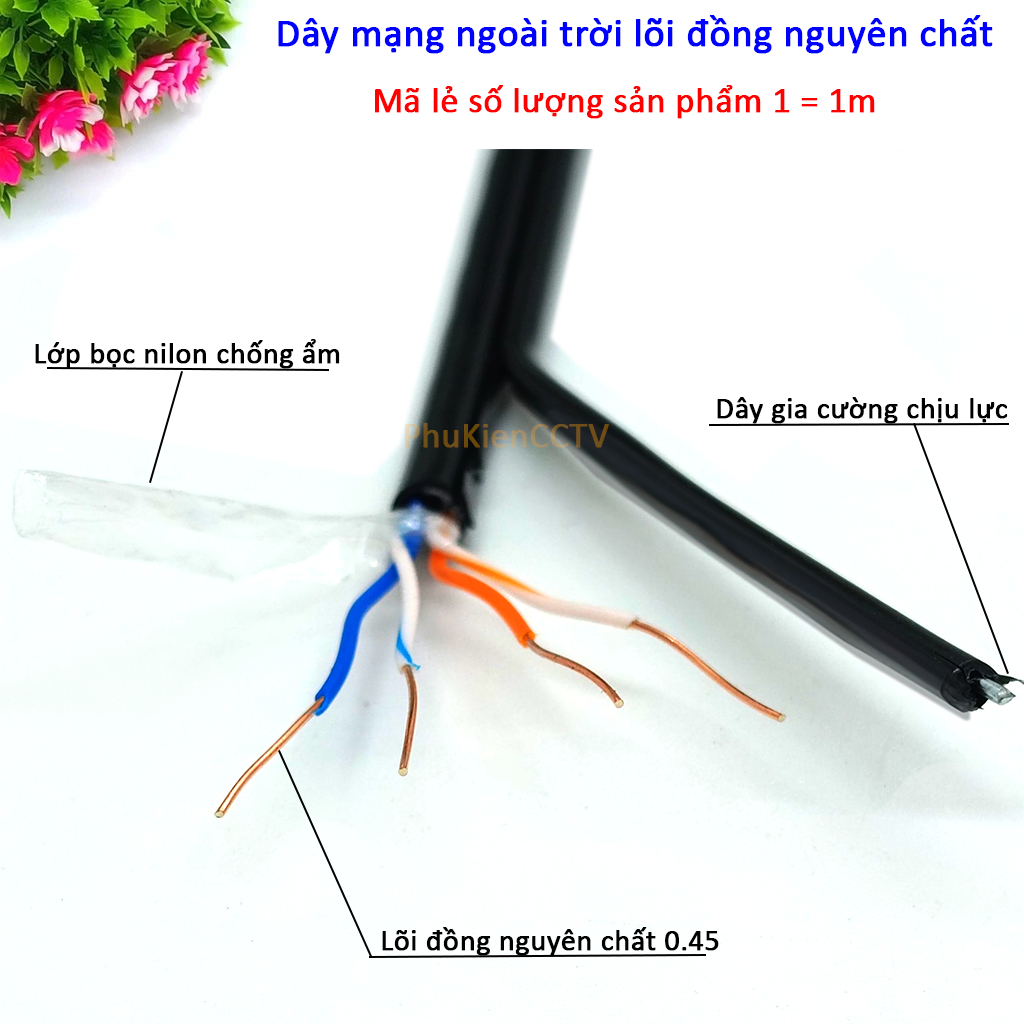 Dây mạng ngoài trời lõi đồng nguyên chất ( bấm sẵn 2 đầu ), có gia cường, bọc nilon chống ẩm