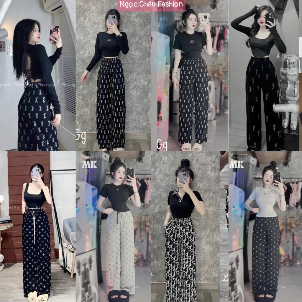 Set bộ áo croptop kèm quần dài suông lưng thun hoạ tiết có túi dưới 52kg