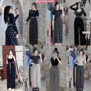 [NHIỀU MẪU] Set bộ áo croptop kèm quần dài suông lưng thun hoạ tiết có túi dưới 52kg