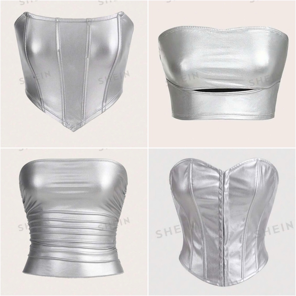 (NÊN MUA LÙI 1 SIZE SO VỚI HAY MẶC - ORDER SHEIN) RARA TOP - Áo croptop ống quây ngang vải da lộn ánh bạc cá tính Y2K
