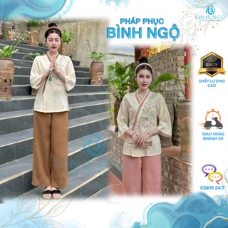 Pháp phục, Bộ Lam đi chùa vạt chéo thêu hoa đào vải đũi thái, tay lỡ phối viền màu xanh đen - Pháp Phục Bình Ngộ