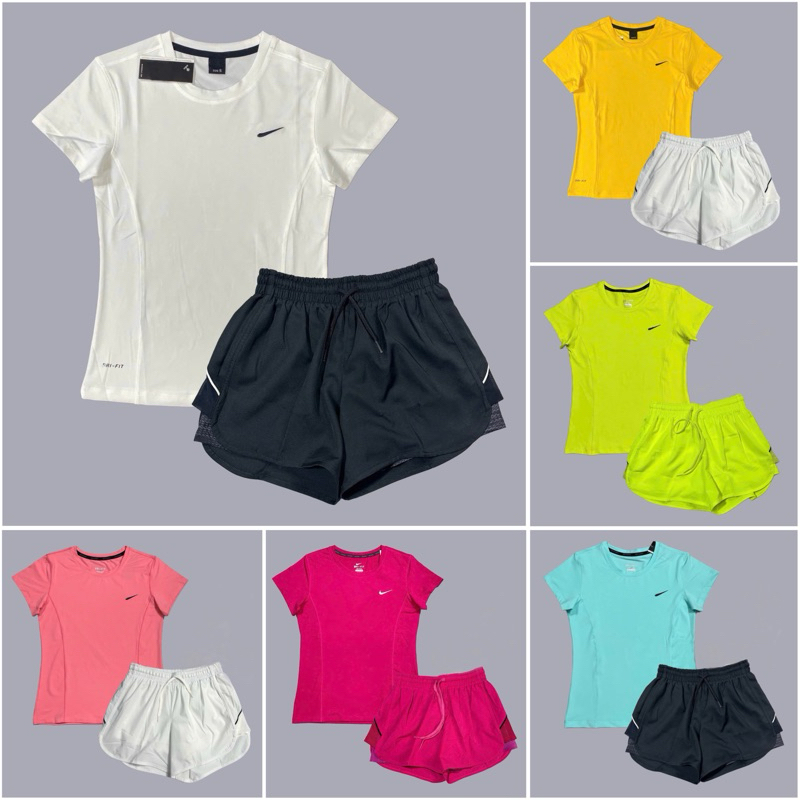 Bộ Quần Áo Thể Thao Nữ Quần Đùi 2 Lớp QN06 Kèm Áo Thun NK Logo Thêu Tập Gym, Chạy Bộ, Aerobic, Cầu Lông