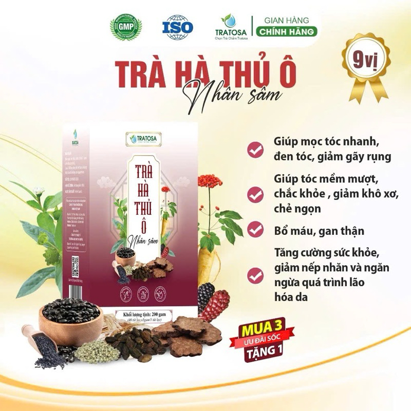 Trà Hà thủ ô nhân sâm 9 vị giúp mọc tóc nhanh, dưỡng tóc ,đen tóc và giảm gãy rụng từ thiên nhiên