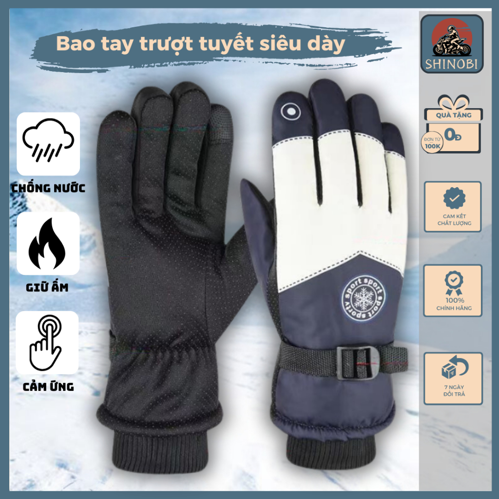 Găng tay lót lông dày dặn giữ ấm mùa đông, bao tay kháng nước chống thấm, có vân tay cảm ứng tiện lợi khi lái xe SHINOBI