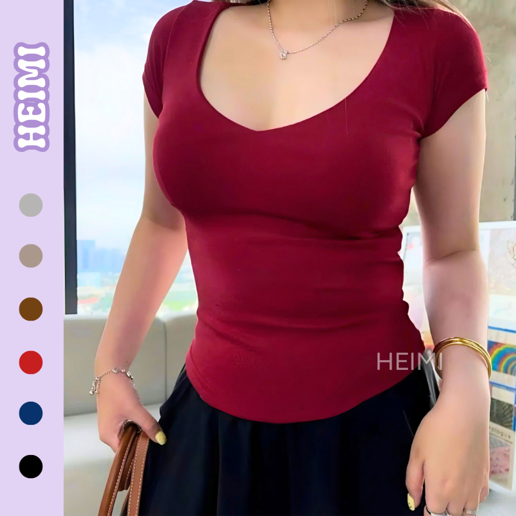 Áo Thun Cổ Tim Không Viền May Form Ôm HEIMI, Áo Body Chiết Eo Tôn Dáng Chất Thun Cotton Mềm Mịn Co Giãn | BigBuy360 - bigbuy360.vn