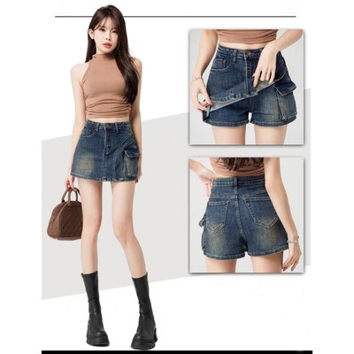 Quần đùi jeans nữ giả váy Chollima VAY501 túi hộp - quần váy ngắn form chữ A phong cách hàn quốc