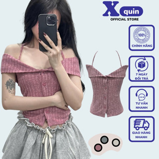 Áo kiểu trễ vai nữ phối dây yếm đính nút ôm body Xquin, Áo len bẹt vai có dây buộc cổ form croptop siêu tôn dáng